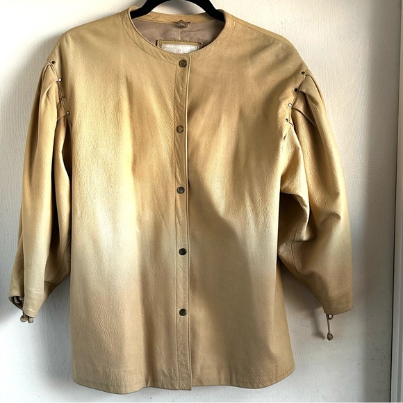 Vintage 80s 90s New Zealand Beige Snap Button-Front Boutique Leather Jacket